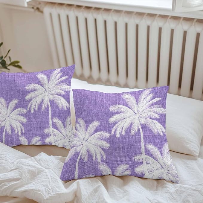 Outdoor Pillow Covers 18x18 Inch Set of 2, Purple Palm Trees Waterproof Throw Pillow Covers, Farmhouse Tropical Summer Beach Decorative Cushion Pillowcases for Couch, Sofa, Bed, Garden, Patio