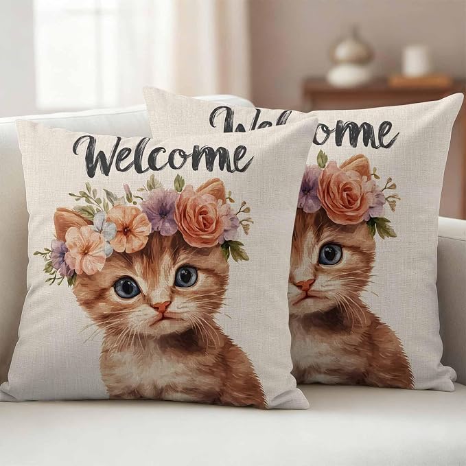 Cute Cat Outdoor Waterproof Throw Pillow Covers Set of 2, 20"x20", Garland Welcome Retro Decorative Pillow Covers Outside Cushion Case for Patio Porch Garden