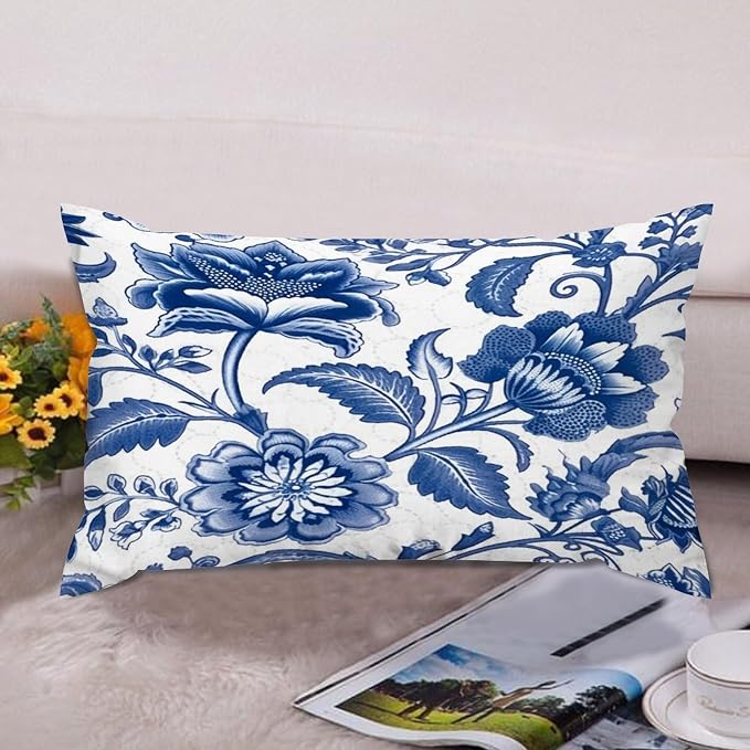 Set of 2 Blue and Ivory Indigo Floral Cushion Cover Case with Zipper 12x20in Canvas Pillow Cover Rectangle Pillow Case for Couch Bed Car Pub Coffee Bar Living Room Decoration
