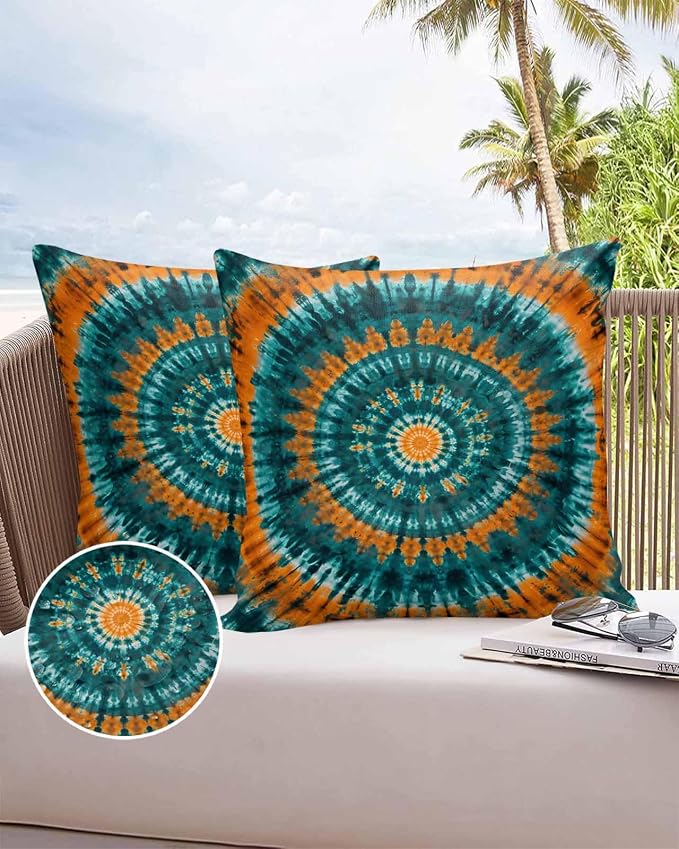 Vandarllin Outdoor Throw Pillows Covers 18x18 inch Set of 2 Waterproof Turquoise Orange Tie-Dye Art Decorative Zippered Cushion Covers for Patio Furniture, Abstract Boho Tribe Lumbar Pillowcases