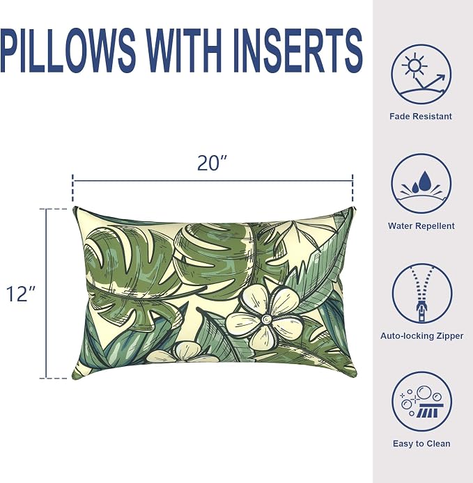 Outdoor Lumbar Pillows 12x20 Inch, Water Repellent Cushion Pillows, Outdoor Pillows with Inserts for Home Garden Pack of 2, Tropical Paradise