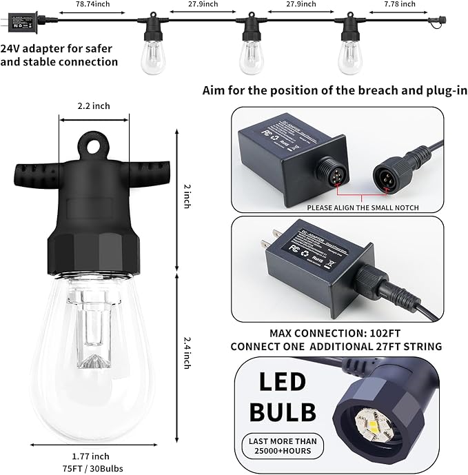 CAWWS Outdoor String Lights 75FT, Color Changing Patio Lights, Waterproof | 30 Shatterproof LED Bulbs, Multicolor & Warm White, Dimmable, IP67 Waterproof, APP & Remote, Custom Colors, 24V Low Voltage