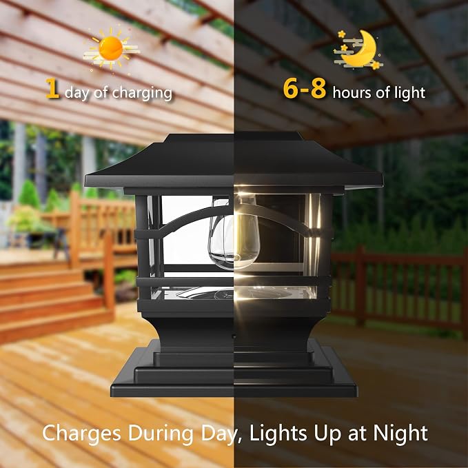 Davinci Edison Solar Outdoor Post Cap Lights, 4x4 5x5 6x6, Metal&Glass, 2PK | Slate Black, fence/deck/garden/patio posts, diecast aluminum & glass, bright 30lm warm white LED, auto-on, 8h, cordless, IP44