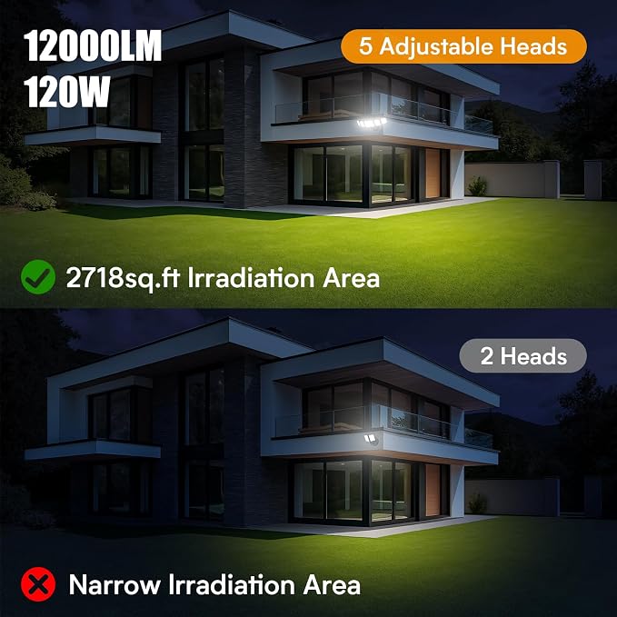 Onforu 120W Dusk to Dawn Flood Light Outdoor, IP66 Waterproof, 5 Head,Black | 12000lm 6500k Super Bright, Hardwired, Automatic Dusk to Dawn Outdoor Lighting for Home Garage,Yard, Driveways