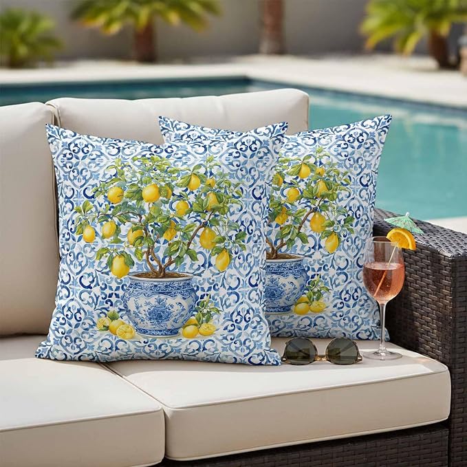 Summer Lemons Outdoor Pillow Covers 26x26 Inch Throw Pillow Covers Set of 2 Waterproof Decorative Pillow Cases Blue Boho Floral Farmhouse Botanical Cushion Covers for Patio Furniture Garden Couch Sofa