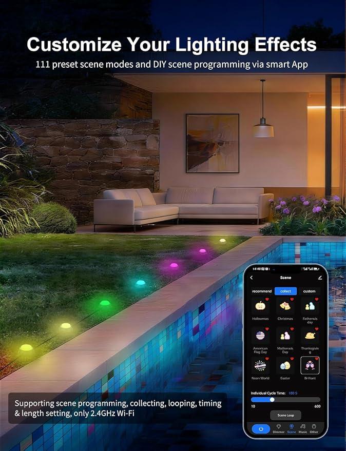 Outdoor Ground Lights 15 Pack, 32FT RGBCW Pathway Lights Wired | Color Changing Landscape Lights, 2200-6500K CCT, IP65 Waterproof, for Path Garden Lawn, Holiday/Party Decor, Alexa Compatible