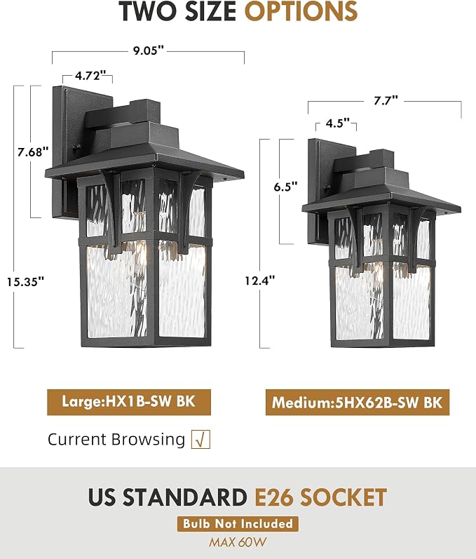 HWH INVESTMENT Outdoor Wall Lights, HWW Exterior Wall Lantern with Water Ripple Glass, Waterproof Porch Light Fixtures for Patio, Hallway, Matte Black, HX1B-SW BK (Large)
