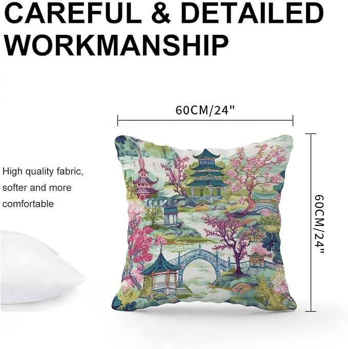 Chinoiserie Pagoda White Coral Blue Asian Pillowcase Chinoiserie Chic Asian Pillowcase 24x24 INRustic Accent Decorative Cushion Cases Home Decor for Sofa Bed Chair Car