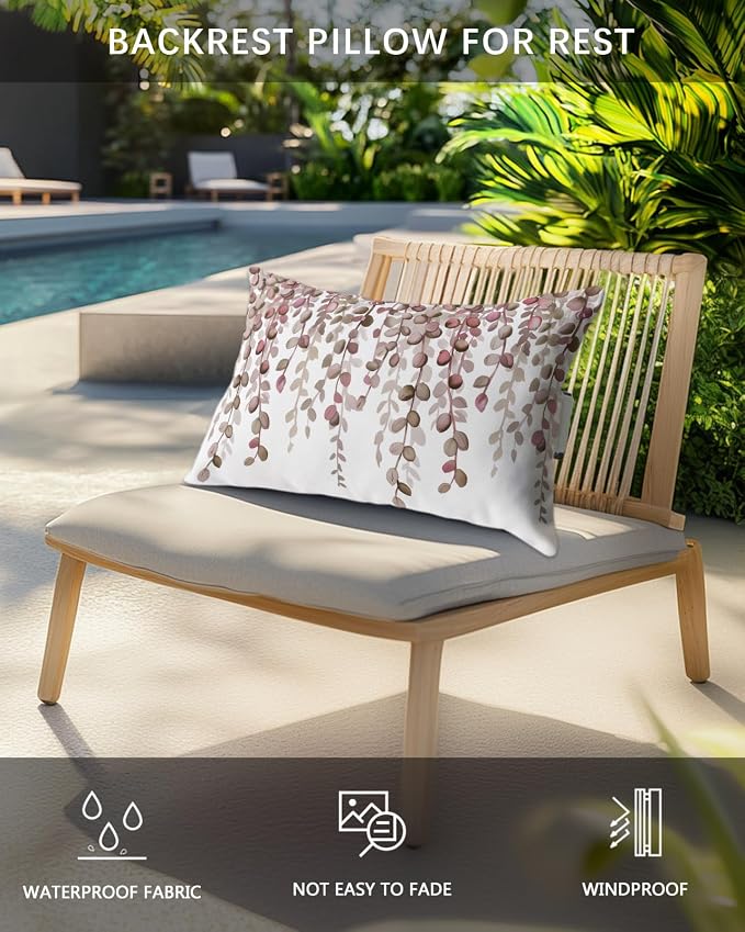 Outdoor Pillows Waterproof Covers Set of 2, Brown Eucalyptus Leaves Adjustable Elastic Chaise Lounge Headrest Pillow Covers, Watercolor Branches Lumbar Pillow for Pool Beach Patio Furniture 11x16 Inch