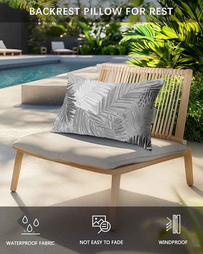 Outdoor Pillows Waterproof Covers Set of 2, Black Palm Leaves Adjustable Elastic Chaise Lounge Head Resting Pillows, Tropical Leaf Plant Lumbar Pillow for Pool Beach Patio Furniture 20x12 Inch