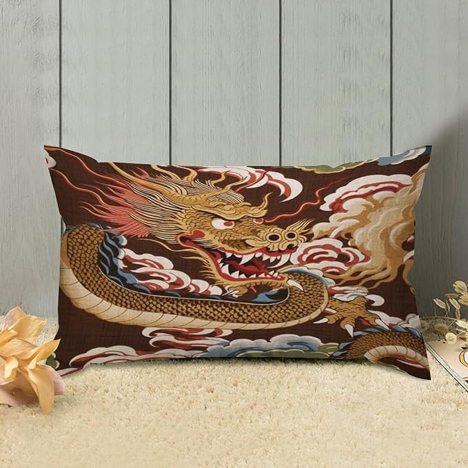 Set of 2 Chinese Oriental Style Asian Dragon Gold Cushion Cover Case with Zipper 12x20in Canvas Pillow Cover Rectangle Pillow Case for Couch Bed Car Pub Coffee Bar Living Room Decoration