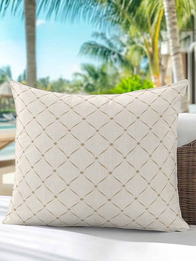 Waterproof Outdoor Pillow 1 Pack Beige Grid Plaid Decorative Throw Pillows Cover & Insert 18x18 Inch Pillowcase Diagonally Crossed Lines Pillows for Couch Sofa Bed Patio Furniture Indoor Outdoor