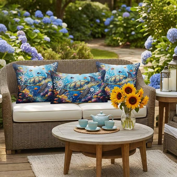 Turtle Waterproof Outdoor Pillow Covers Set of 2 Home Decor, Ocean Fish Coral Underwater World Cartoon Pillowcase Patio Pillow Covers for Couch Bench Furniture Garden 20x20in