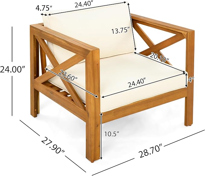 Merax Outdoor 4-Piece Acacia Wood Conversation Set - Patio 3-Seat Loveseat Sofa Daybed with Cushion, 2 Armchair and Round Coffee Table for Backyard, Lawn, Balcony, Beige + Teak