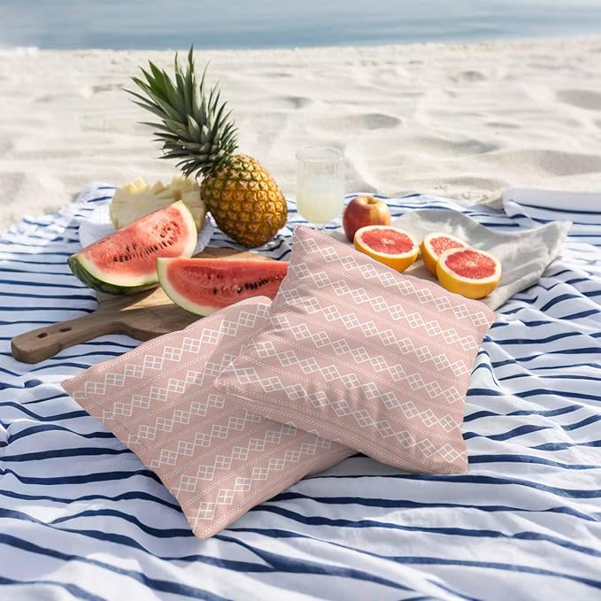 Pink Boho Outdoor Pillow Covers 20x20 Inch Throw Pillow Covers Set of 2 Waterproof Decorative Pillow Cases Vintage Ethnic Tribe Abstract Art Cushion Covers for Patio Furniture Garden Couch Sofa