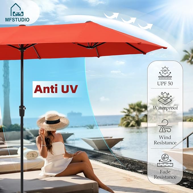 MFSTUDIO Outdoor Dining Set for 6, Patio Furniture Set with Orange Red Umbrella (Base not Included), Outdoor Metal Table and Light Grey Swivel Chairs Set for Patio, Deck, Backyard, Garden