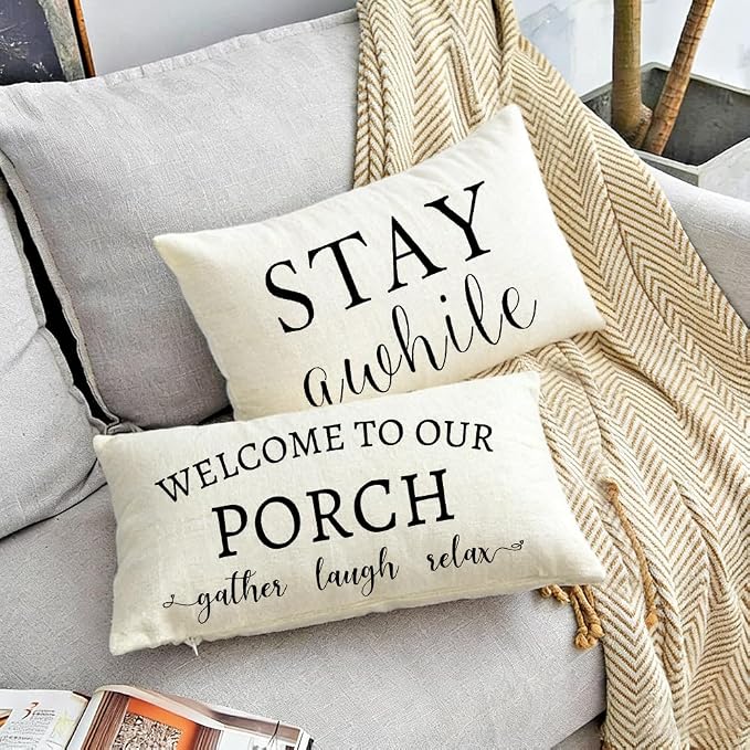 RABUSOFA Welcome to Our Porch Decor Outdoor Pillow Covers Waterproof,12x20 Set of 2 Cream Stay Awhile Relax Lumbar Cushion Case Decorations for Patio Couch (Cream)