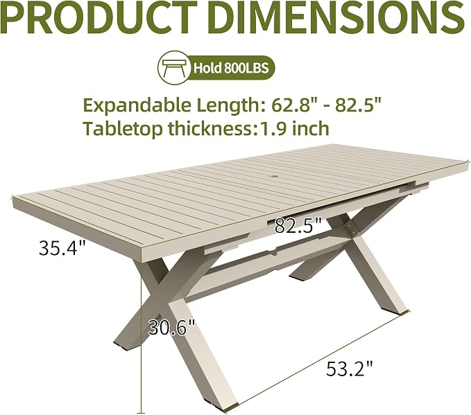 TWT Aluminum Outdoor Dining Table for 8, 62.8" - 82.5" Extendable Patio Dining Table with Umbrella Hole on Top with X-Shaped Frame Easy to Assemble for Backyard Garden Yard Porch Deck, Milk Coffee
