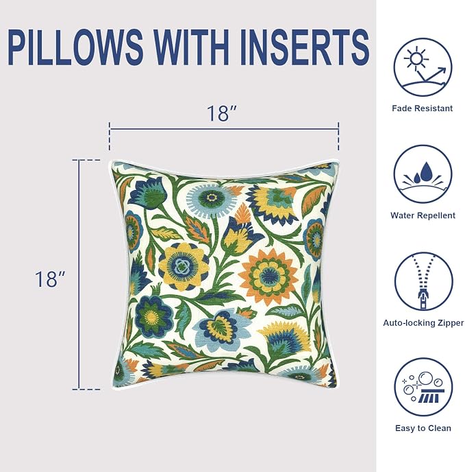 Outdoor Throw Pillows Inners, Fade Resistant Patio Furniture Square Pillows with Piping Set of 2 for Patio Furniture, 18x18 Inch, Fiesta Floral
