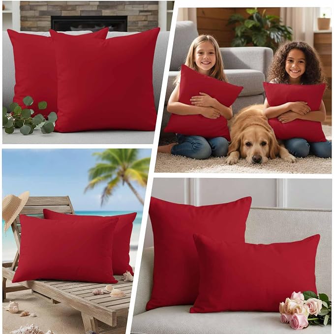 Red Outdoor Pillow Covers 20"x12" Set of 2, Solid Color Waterproof Throw Pillow Covers for Patio Furniture, Decorative Cushion Covers for Porch