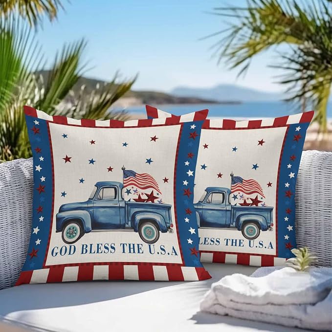 Independence Day Outdoor Pillow Covers Set of 2,Farm Blue Truck American Flag Star Decorative Waterproof Throw Pillow Case, Patriotic Red Plaid Cotton Linen Soft Cozy Cushion Pillowcases 16x16In