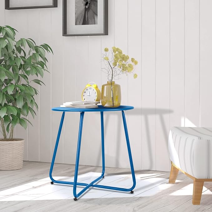 Meluvici Patio Outdoor Side Table Waterproof Round Metal Steel Small Side Table Weather Resistant Portable Outdoor and Indoor End Table for Garden Balcony Yard, Navy Blue