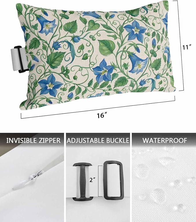 Pack of 4 Outdoor Lumbar Pillow Covers 11x16 Inch, Blue Green Botanical Waterproof Throw Pillow Covers Set, Spring Floral Summer Rustic Indoor&Outdoor Decorative Cushion Cases for Patio Porch Car