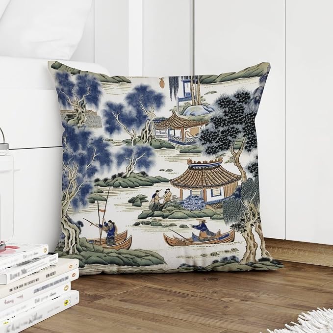 Asian Scenic Throw Pillow Covers Blue and Green Chinoiserie Cushion Cover 20x20 INFarmhouse Accent Modern Decorative Pillow Covers for Patio Furniture Tent Garden