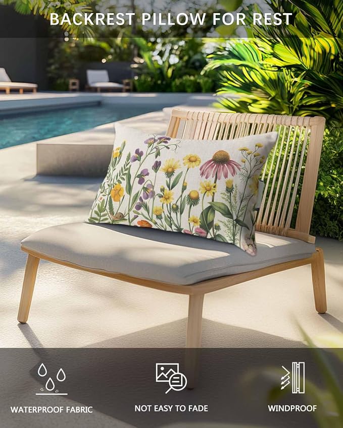 Spring Wildflowers Outdoor Pillows with Insert 11x16 Inch Summer Country Plants Leaf Flowers Linen Waterproof Headrest Pillows with Adjustable Strap Lounger Chair Throw for Patio Furnitures , 2 Pack