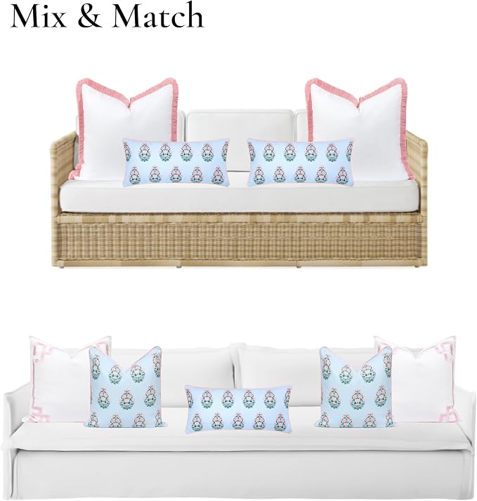 Hofdeco Premium Coastal Grandmillennial Patio Indoor Outdoor Lumbar Pillow Cover Only, 12"x26" Water Repellent for Backyard, Couch, Poolside, Baby Blue Pink Print Flower