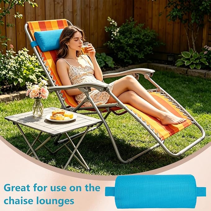 BENECREAT 2Pcs Outdoor Chaise Lounge Head Pillow, Outdoor Patio Pillows with Adjustable Strap for Patio Chair Recliner Head Support, Blue