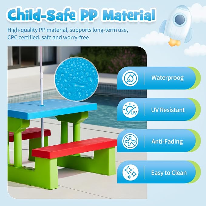 Kids Table and Chair Set, Toddler Plastic Outdoor Table & Bench Set with Removable Umbrella, Children Picnic Table Fits 4 Children for Backyard Garden, Red & Green & Blue