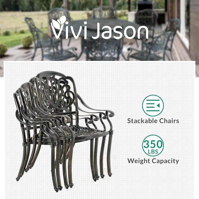 VIVIJASON 9-Piece Patio Furniture Dining Set, Rust-Free Cast Aluminum Outdoor Conversation Set, Include 8 Cushioned Chairs & 61" Round Dining Table with 31" Lazy Susan, Umbrella Hole, Navy Blue