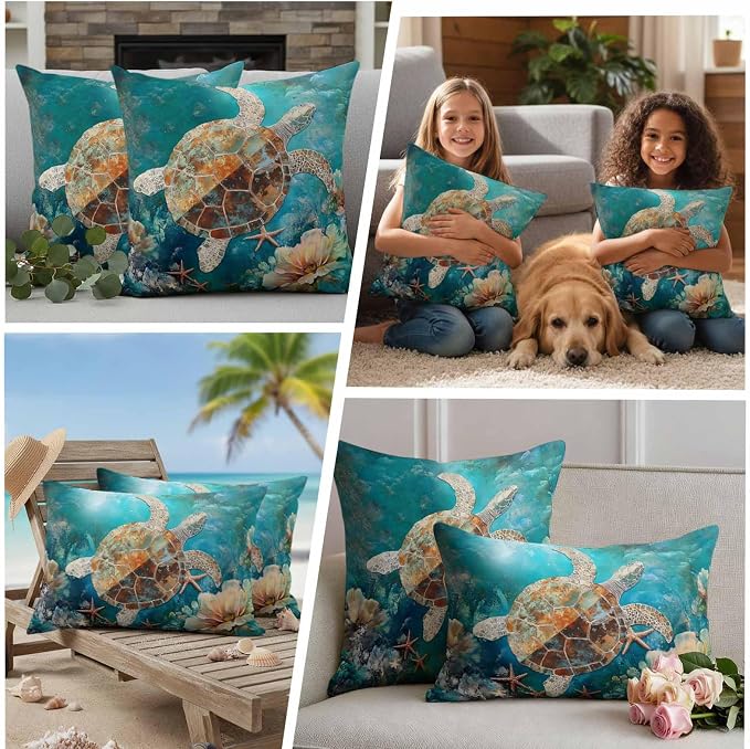 Ocean Turtle Outdoor Waterproof Throw Pillow Covers Set of 2, 26"x26", Marine Life Retro Starfish Coral Abstract Decorative Pillow Covers Outside Cushion Case for Patio Porch Garden