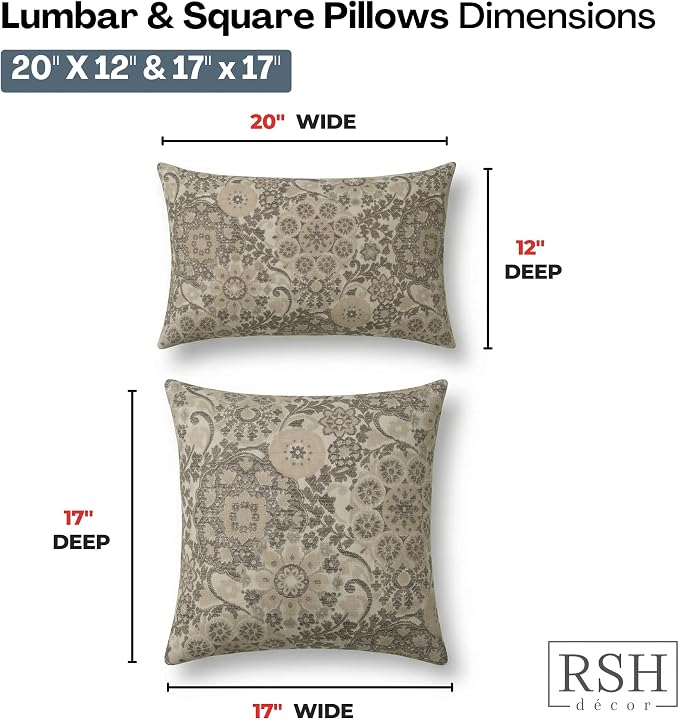 RSH DECOR: Outdura Lumbar & Square Pillows Set of 4 | 20" x 12" & 17" x 17" | Water and Fade-Resistant Fabric | Outdoor Throw Pillows for Patio Furniture | Made in USA (Marrakech Espresso)