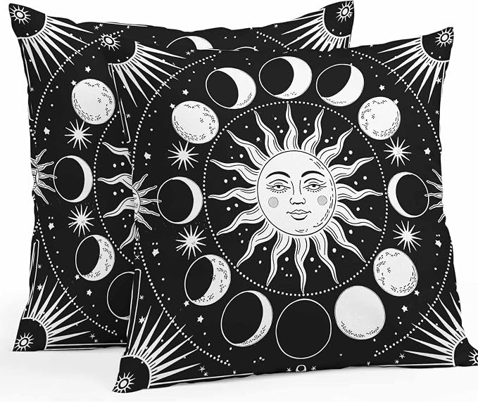 Celestial Sun and Moon Waterproof Outdoor Pillow Covers Set of 2 Home Decor, Black Starry Galaxy Boho Pillowcase Patio Pillow Covers for Couch Bench Patio Furniture Garden 24x24in