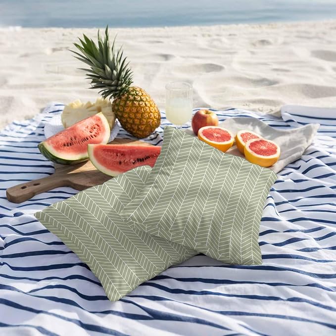 Outdoor Waterproof Throw Pillow Covers Set of 2 Sage Green Chevron Stripes Pillowcases 26x26 Inches Modern Geometric Texture Decorative Pillows Cushion Case Patio Pillows for Couch Bed Chair Garden