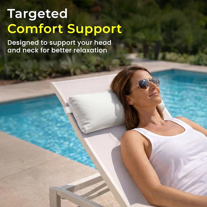 Sunbrella Headrest/Lumbar Pillow with Velcro Strap for Chaise Lounge, White | Outdoor Pillow for Chaise Loungers, Pool Chairs & Patio Furniture, 18" x 8" x 3"