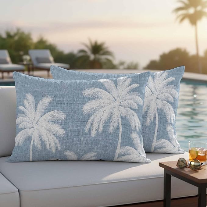 Lumbar Pillow Covers 20x12 Inch Set of 2, Light Blue Palm Trees Waterproof Outdoor Pillow Covers, Farmhouse Tropical Summer Beach Decorative Cushion Pillowcases for Couch, Sofa, Bed, Garden, Patio