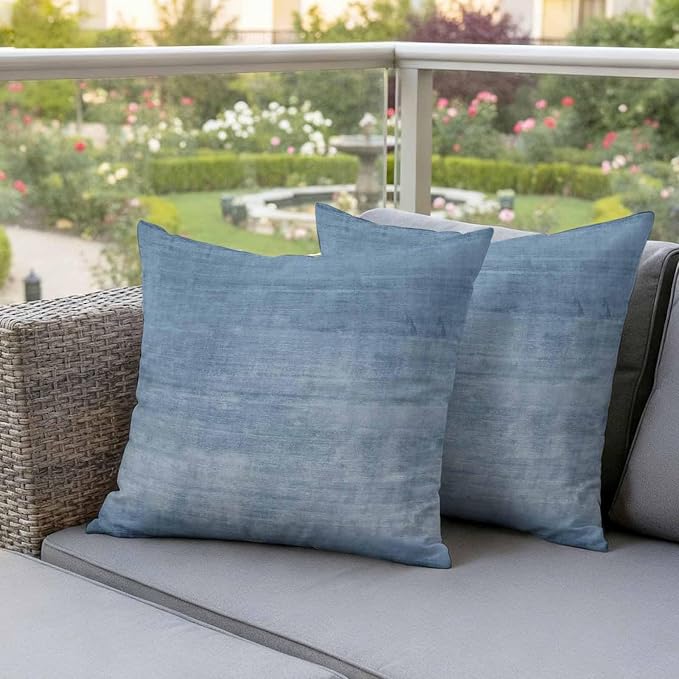 Vandarllin Outdoor Throw Pillows Covers 20x20 inch Set of 2 Waterproof Blue Linen Decorative Zippered Cushion Covers for Patio Furniture, Solid Color Texture Lumbar Pillowcases