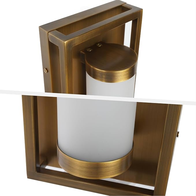 Hyunbae Mid Century Modern Outdoor Wall Sconce, Brushed Antique Brass | 15W Integrated Dimmable LED, 3000K Warm White, For House Patio Porch Garage Entryway Doorway, 16" Exterior Light