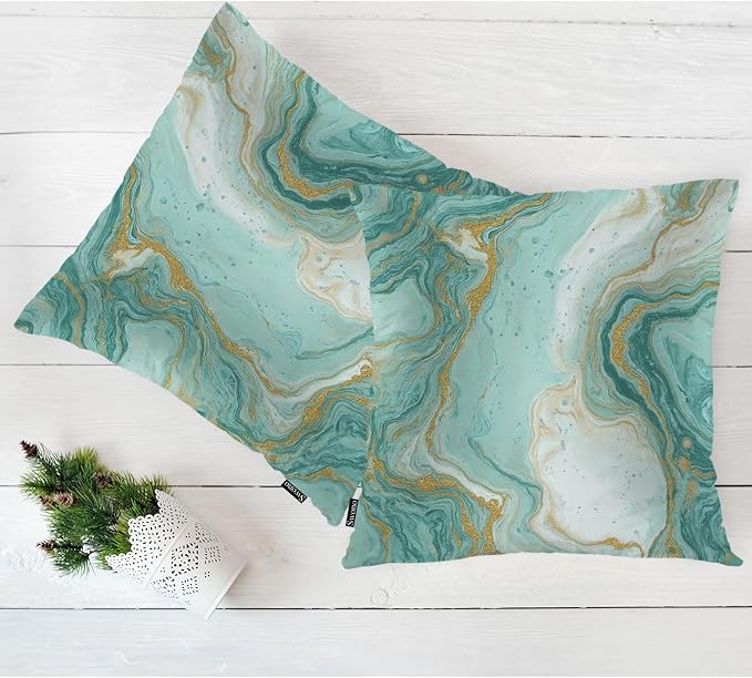 Swono Turquoise Marble Pillow Covers Cushion Covers, Abstract Ocean Marble Green Gold 18 X 18 Inch Set of 2 Throw Pillow Cover Pillowcases Home Decorative for Couch Sofa Car Bedroom, No Insert