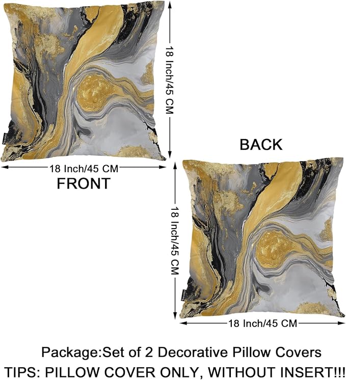 Swono Marble Pillow Covers, Abstract Splash Golden Black Ink Marble Decorative Pillow Case Home Sofa Cushion Set, Pillow Cushion Cases for Bed/Patio/Garden/Balcony, 2-Pack, 18x18 Inch