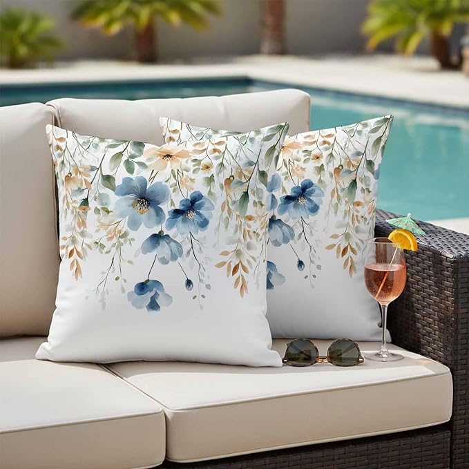 Blue Spring Floral Waterproof Outdoor Pillow Covers 24''x24'' Set of 2, Weeping Botanical Patio Furniture Summer Cushion Covers for Chairs, Decorative Wildflowers Pillow Cases for Garden/Pool/Beach