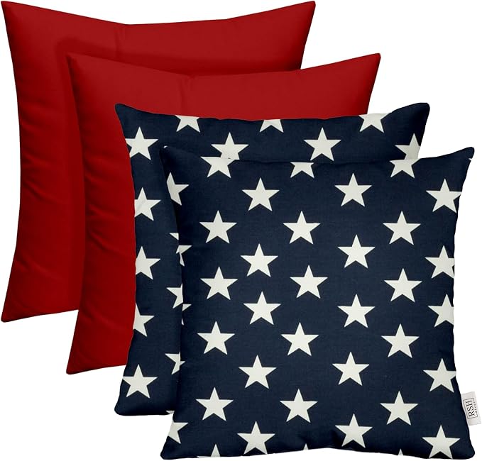 RSH DECOR Square Throw Pillows Set of 4, 17" x 17", All-Weather Pillows Navy Americana Stars & Solid Red, Made in USA