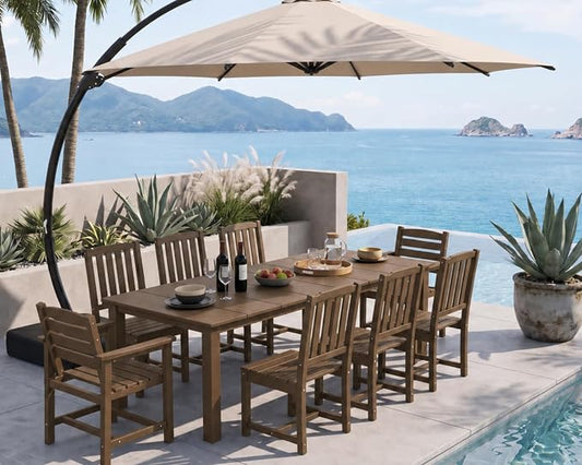 HDPE 9-Piece Outdoor Dining Set with 11FT Umbrella, Brown | All-Weather Patio Table and Chairs, Fade-Resistant Patio Furniture Dining Set for Lawn, Garden, Deck, Backyard, Poolside