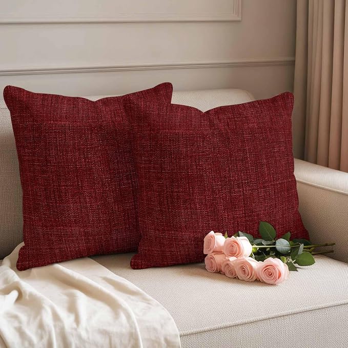 Outdoor Waterproof Throw Pillow Covers Set of 2 Wine Red Linen Pillowcases 24x24 Inches Farmhouse Pure Color Decorative Pillows Cushion Case Patio Pillows for Couch Bed Chair Garden