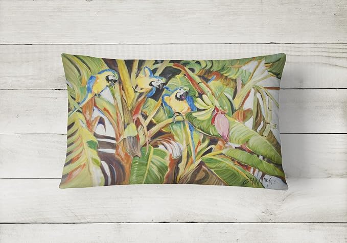 Caroline's Treasures JMK1010PW1216 Three Blue Parrots Canvas Fabric Decorative Pillow Machine Washable, Indoor Outdoor Decorative Pillow for Couch, Bed or Patio, 12HX16W
