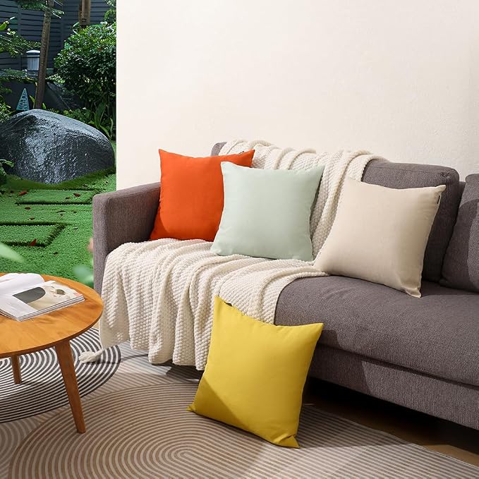 WEMEON Outdoor Waterproof Pillow Covers20x20in Set of 4, Solid Color Pillows Decorative Square Patio Furniture Pillows for Couch Patio Balcony Tent Garden(Orange/Teal/Beige)