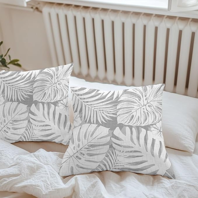 Light Grey Palm Leaves Outdoor Pillow Covers 16"x16" Set of 2, Tropical Botanical Modern Minimalist Waterproof Throw Pillow Covers for Patio Furniture, Decorative Cushion Covers for Porch